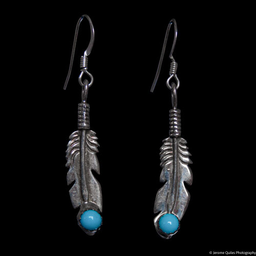 Zuni Silver Feather Turquoise Earrings