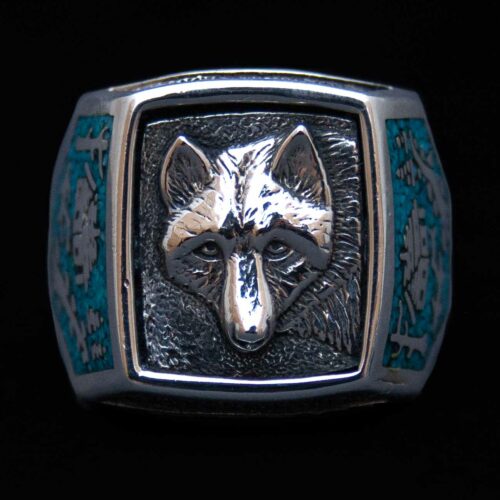 Silver Turquoise Wolf Signet Ring