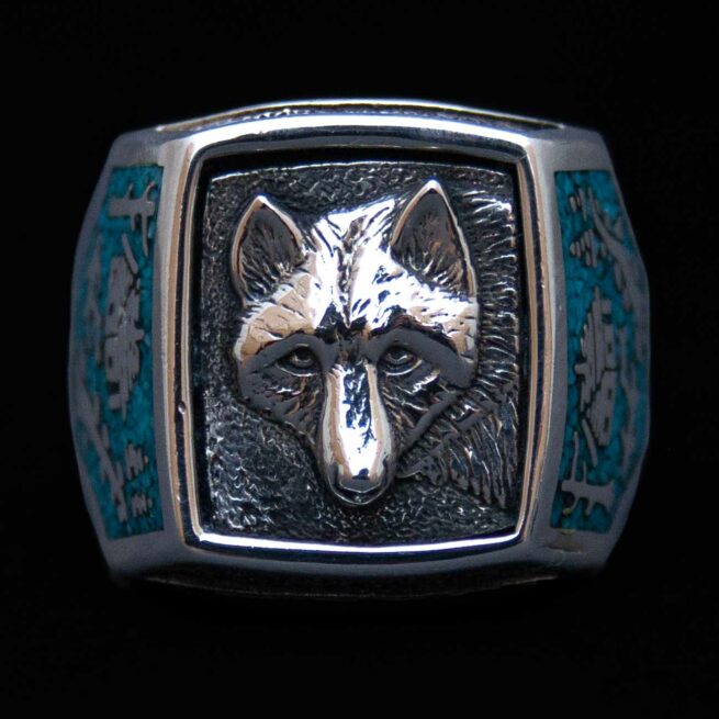 Silver Turquoise Wolf Signet Ring