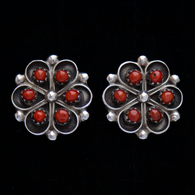 Red Coral Silver Flower Zuni Earring Studs