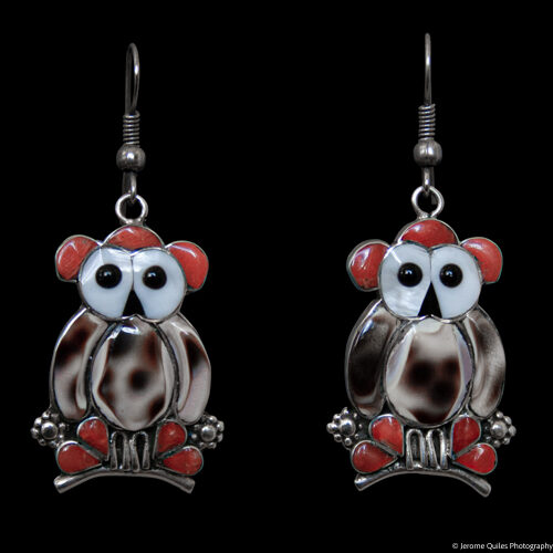 Red Coral Zuni Owl Earrings