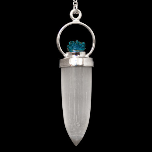 Selenite Cavansite Silver Pendulum