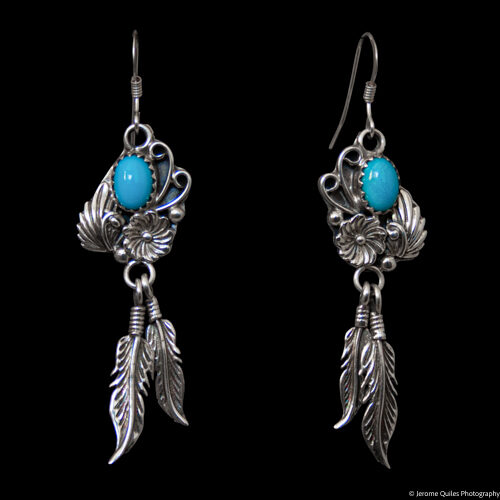 Silver Feathers Earrings Turquoise Stone