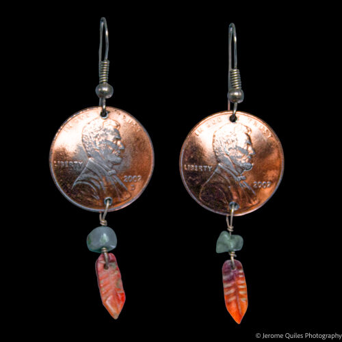 Copper Coin Orange Feather Earrings