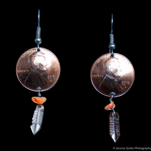 Copper Coin White Feather Earrings