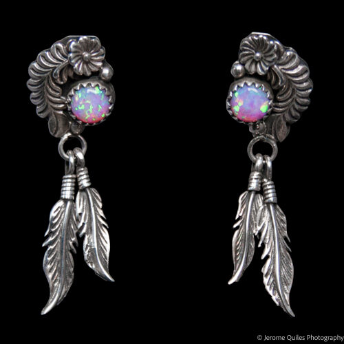 Boucles d'Oreilles Opale Rose Plumes Argent