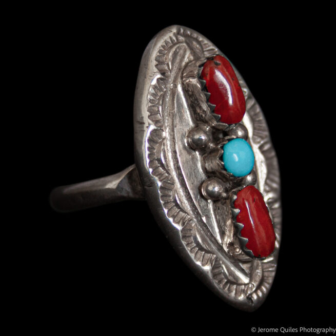 Double Coral Turquoise Ring Ornate Setting - Image 2
