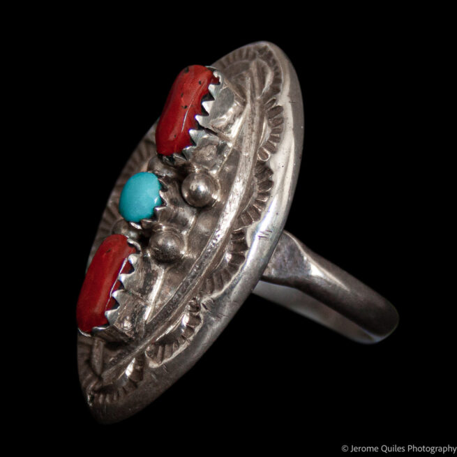 Double Coral Turquoise Ring Ornate Setting - Image 3