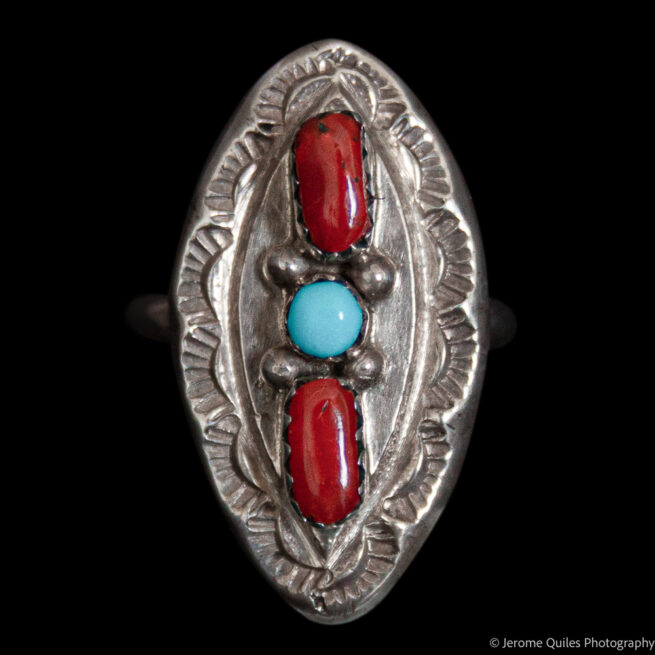 Double Coral Turquoise Ring Ornate Setting