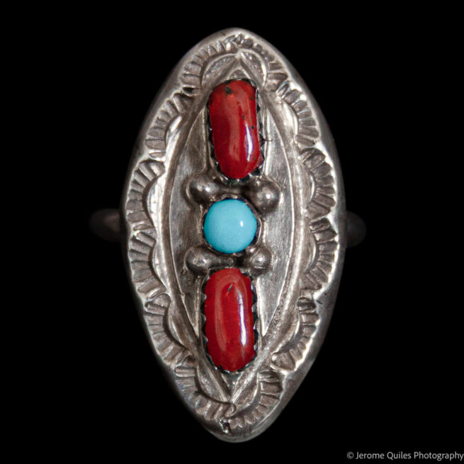 Bague Turquoise Double Corail Bordure Ornée