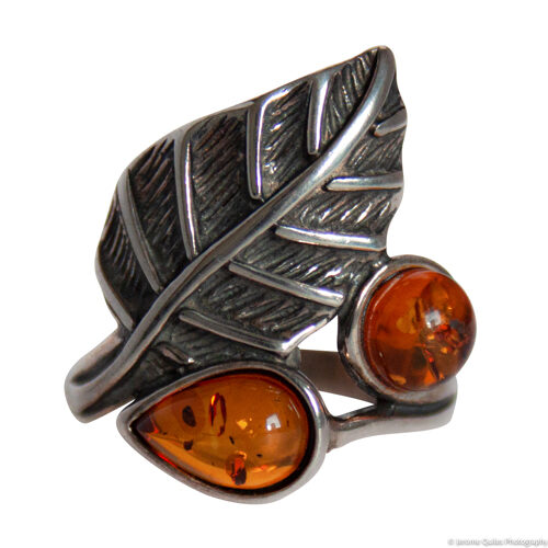 Silver Leaf Amber Fruit Ring