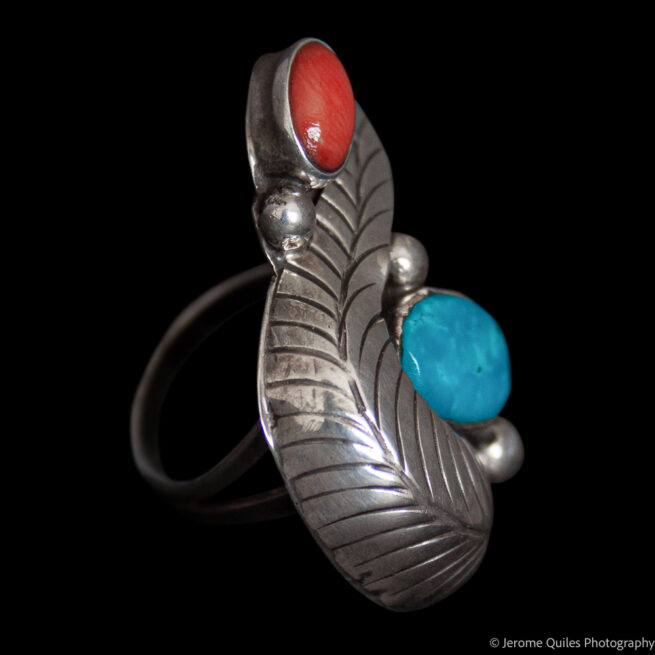 Turquoise Coral Silver Leaf Ring - Image 2