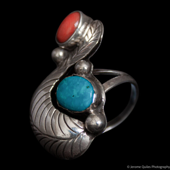Turquoise Coral Silver Leaf Ring - Image 3