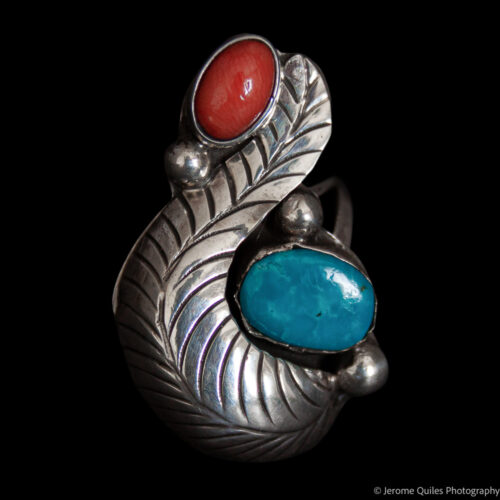 Turquoise Coral Silver Leaf Ring