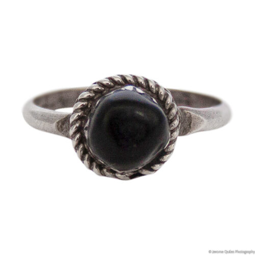 Bague Pois Noir Bordure Corde Argent