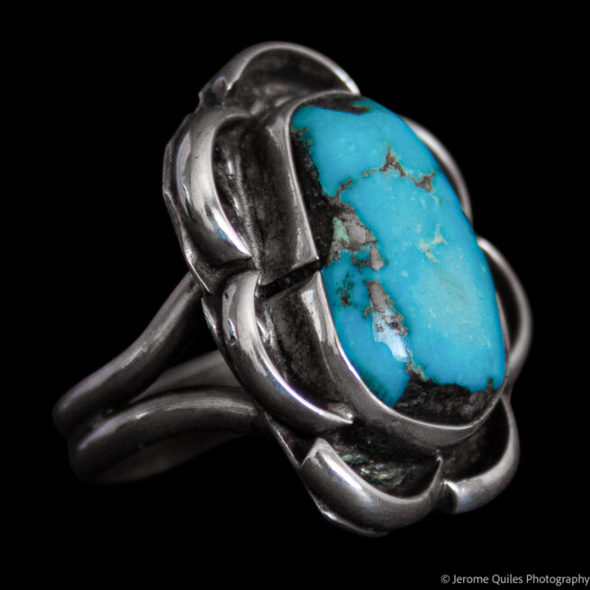 Vintage Silver Petal Turquoise Ring - Image 2