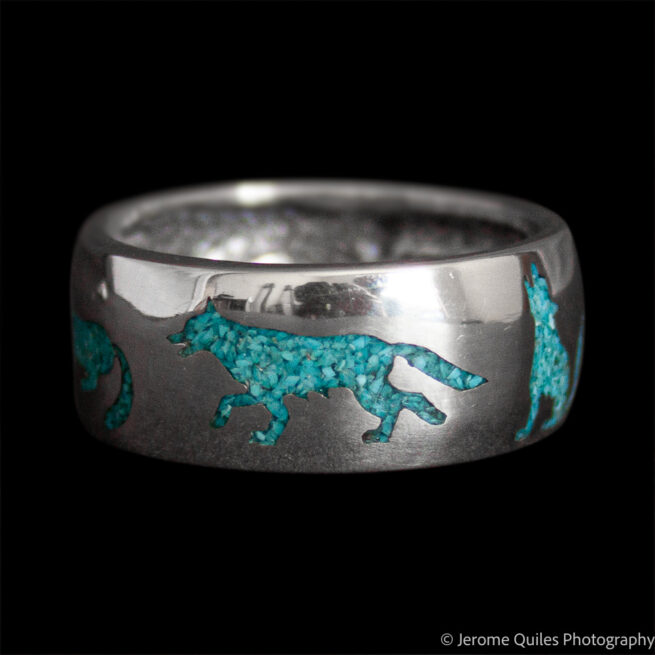 Bague Bande Argent Loup Turquoise