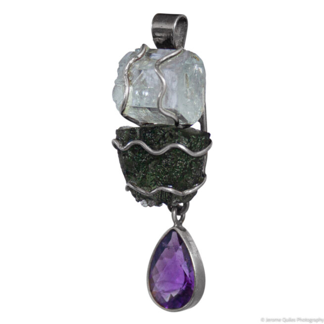 Aquamarine Moldavite Amethyst Pendant - Image 3