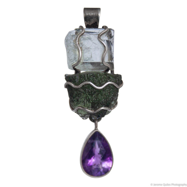 Aquamarine Moldavite Amethyst Pendant