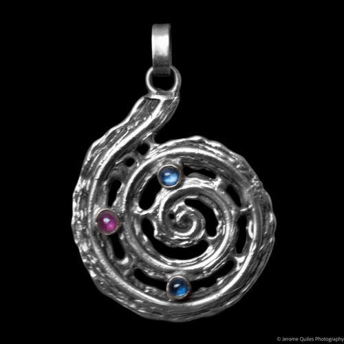 Sapphire Rubellite Silver Ammonite Pendant