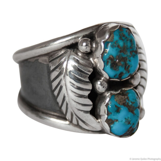 Double Turquoise Silver Feather Ring - Image 2