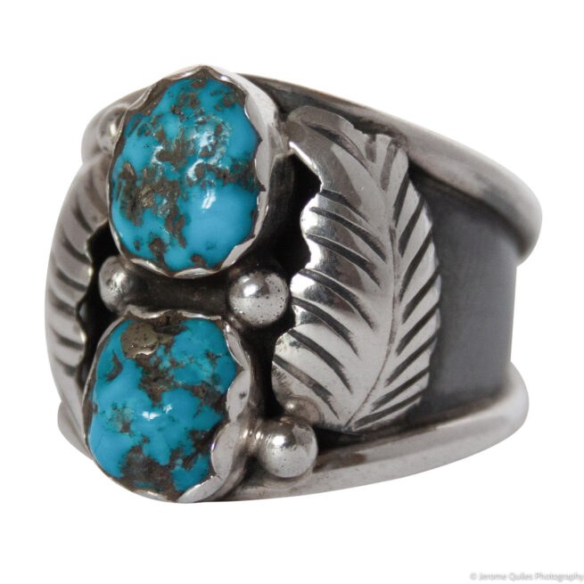 Double Turquoise Silver Feather Ring - Image 3