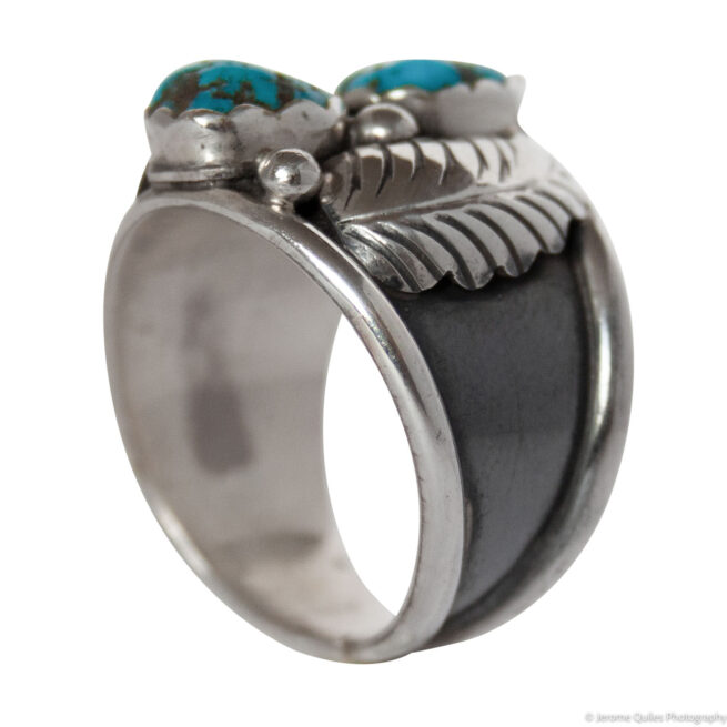 Double Turquoise Silver Feather Ring - Image 5
