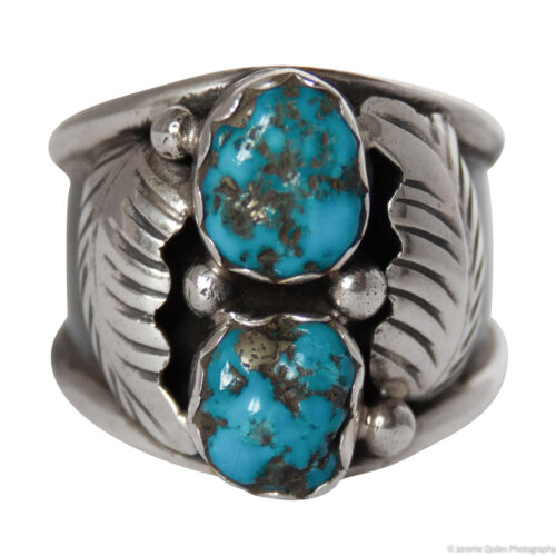 Double Turquoise Silver Feather Ring