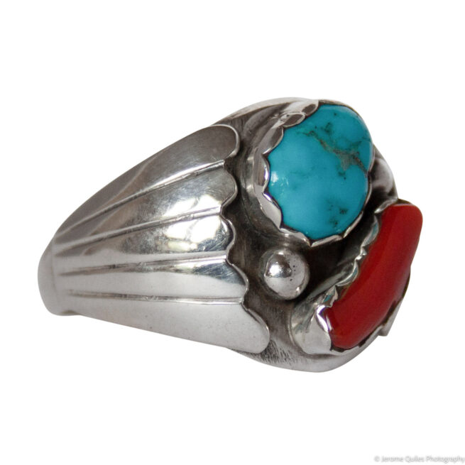 Turquoise Coral Navajo Signet Ring - Image 2
