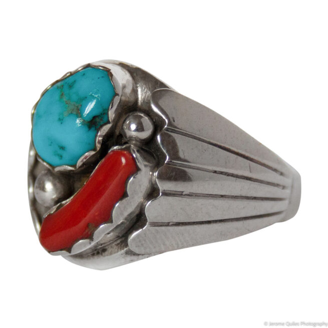 Turquoise Coral Navajo Signet Ring - Image 3