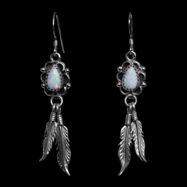 Double Feather White Opal Earrings