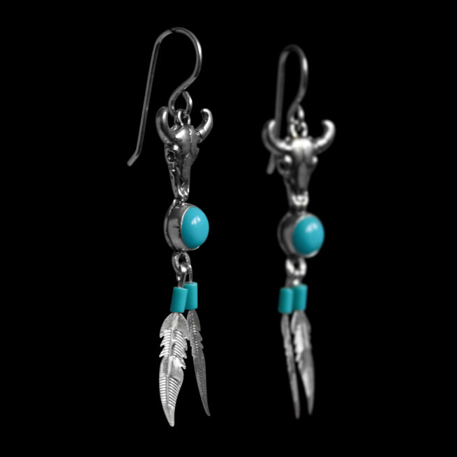 Navajo Silver Buffalo Turquoise Earrings – Image 2