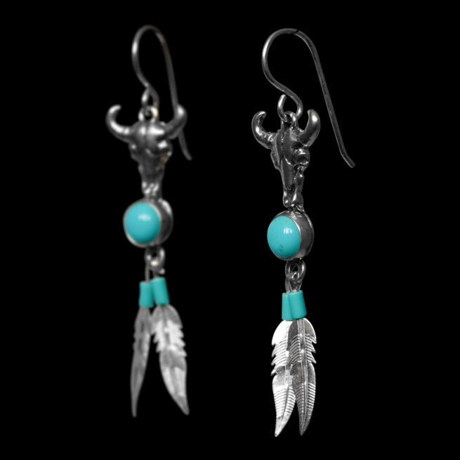 Navajo Silver Buffalo Turquoise Earrings – Image 3