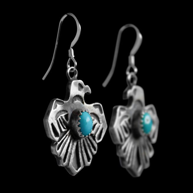 Navajo Silver Eagle Turquoise Earrings – Image 2