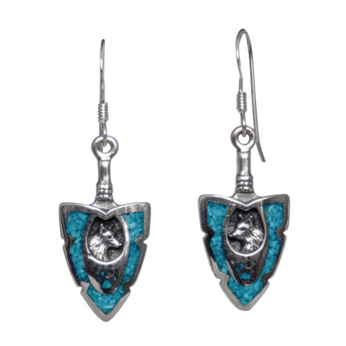 Turquoise Arrowhead Silver Wolf Earrings
