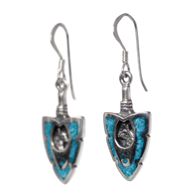 Turquoise Arrowhead Silver Wolf Earrings - Image 3