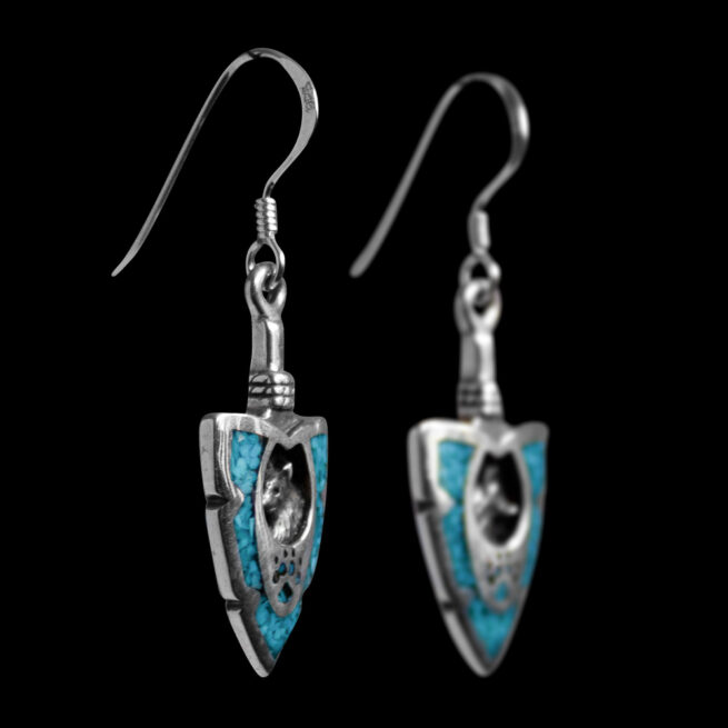 Turquoise Arrowhead Silver Wolf Earrings - Image 2
