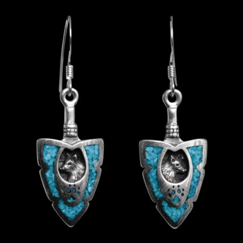 Turquoise Arrowhead Silver Wolf Earrings