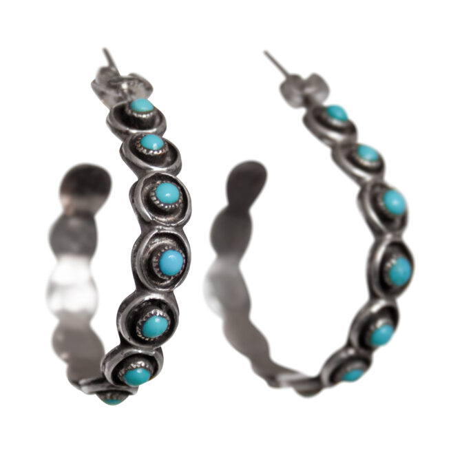 Turquoise Silver Zuni Hoop Earrings – Image 2
