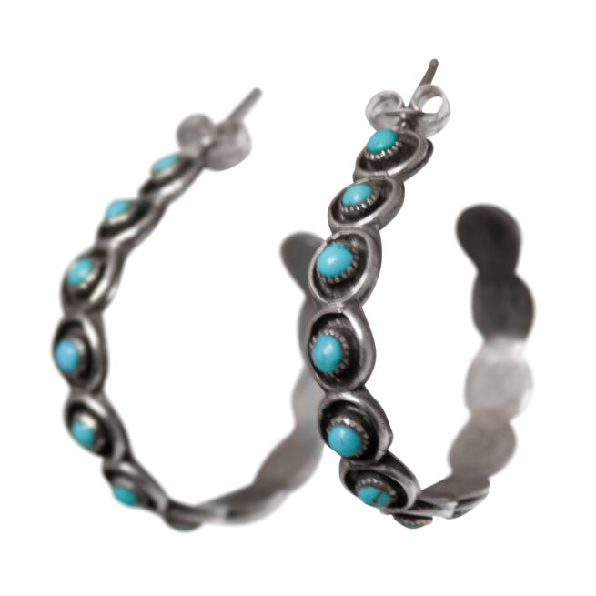 Turquoise Silver Zuni Hoop Earrings – Image 3