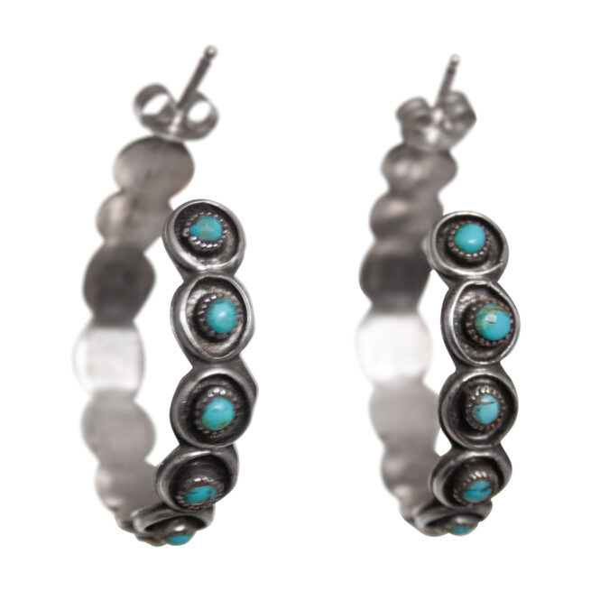 Turquoise Silver Zuni Hoop Earrings – Image 4