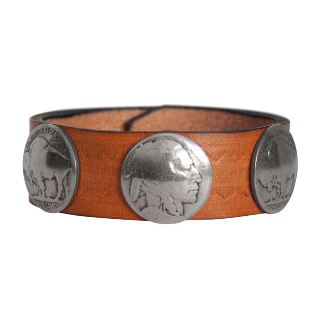 Head-Buffalo Nickel Leather Bracelet - Tan