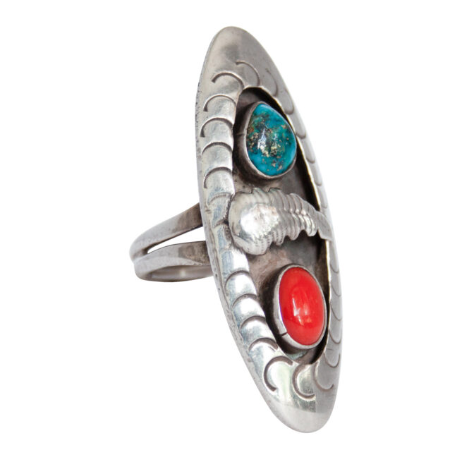 Vintage Navajo Shadowbox Turquoise Coral Ring - Image 2