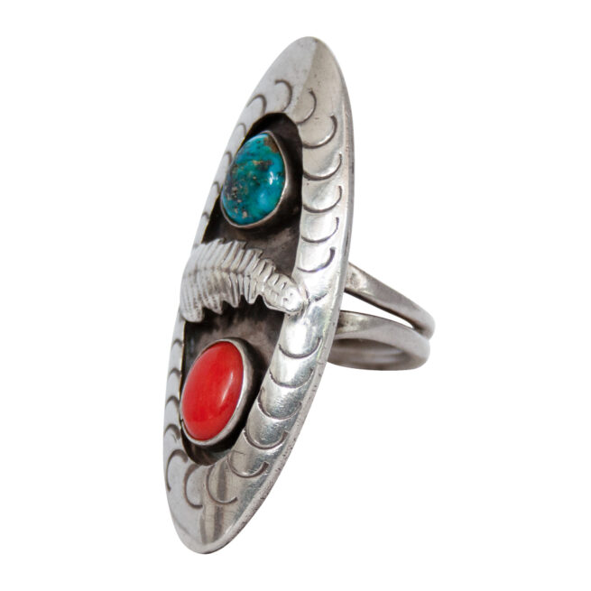 Vintage Navajo Shadowbox Turquoise Coral Ring - Image 3