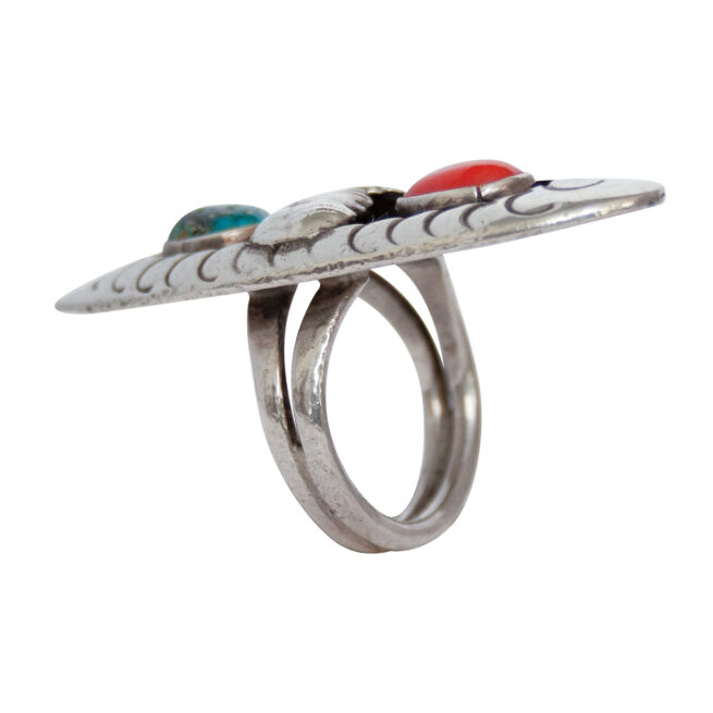 Vintage Navajo Shadowbox Turquoise Coral Ring - Image 4