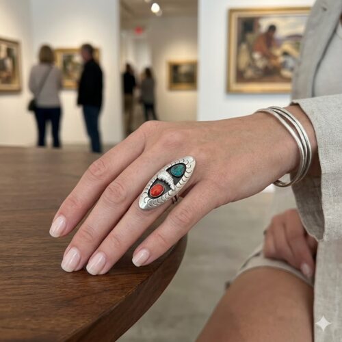Vintage Navajo Shadowbox Turquoise Coral Ring