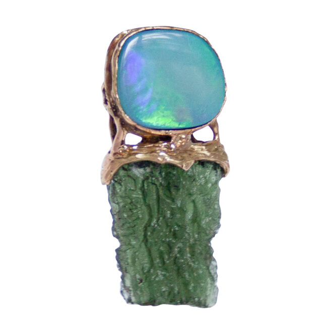 18K Gold Opal Moldavite Pendant - Image 2