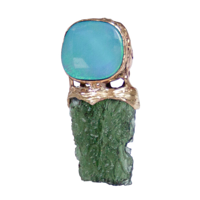 18K Gold Opal Moldavite Pendant - Image 3
