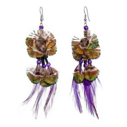 Green Purple Feather Earrings
